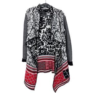 Desigual Womens S Gray Red Black Open Front Cardigan Sweater Boho Aztec Knit